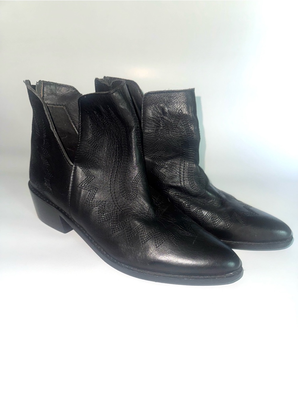Myra Bag Black Leather Ankle Booties with Western Stitching